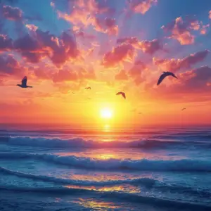Birds flying over ocean waves at a bright orange and pink sunrise