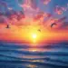 Birds flying over ocean waves at a bright orange and pink sunrise