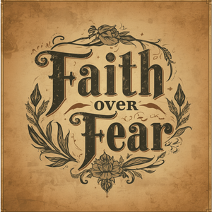 Vintage-style "Faith over Fear" lettering with leafy botanical flourishes on parchment